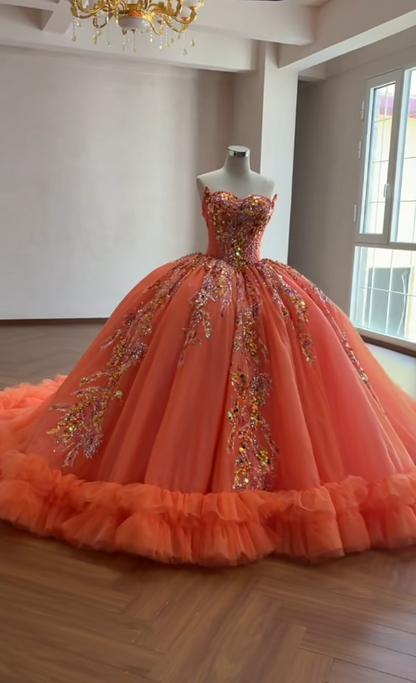 Gorgeous Orange Ball Gown Quinceanera Dress Tulle Applique Sweet 16 Dress DP07457
