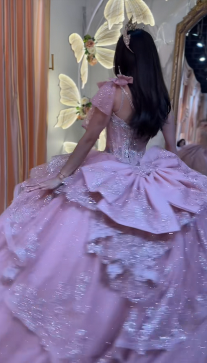 Gorgeous Pink Ball Gown Quinceanera Dress Tulle Applique Sweet 16 Dress DP07460