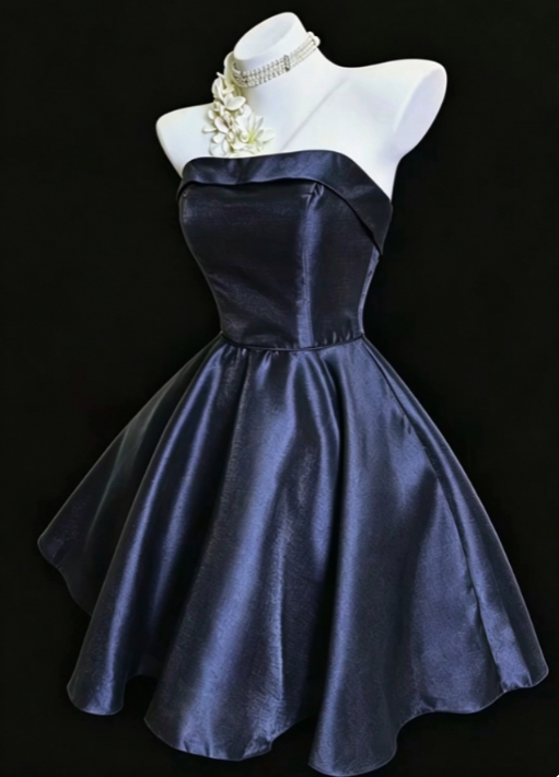 Robe de bal courte en satin bleu marine, robe courte trapèze pour anniversaire DP07467