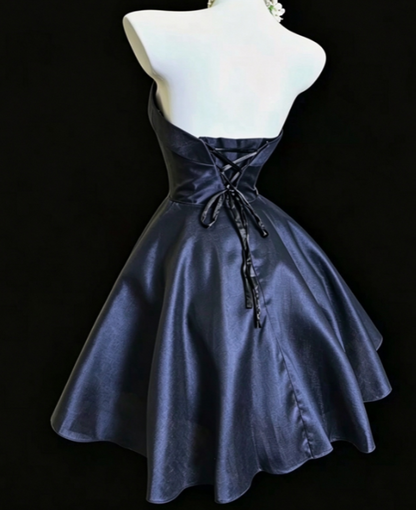 Navy Blue Satin Short Homecoming Dress A-line Birthday Mini Dress DP07467