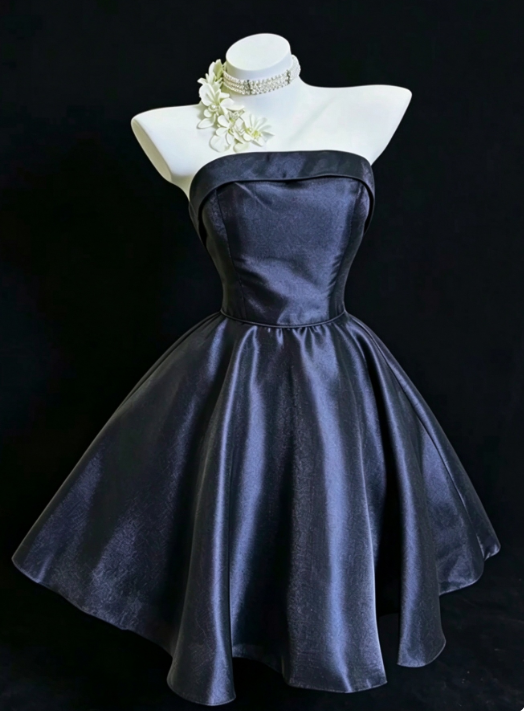 Robe de bal courte en satin bleu marine, robe courte trapèze pour anniversaire DP07467