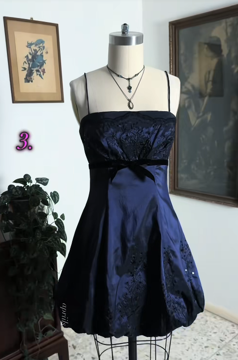 Robe de bal courte bleu marine, robe courte trapèze pour anniversaire DP07470