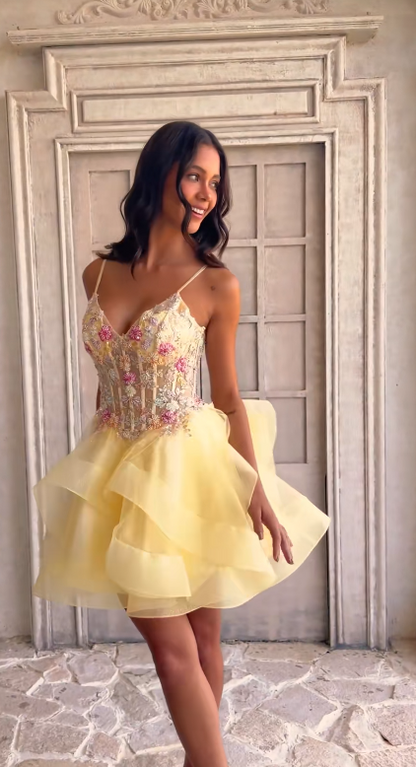 Yellow Tulle Short Homecoming Dress A-Line Birthday Mini Dress DP07473