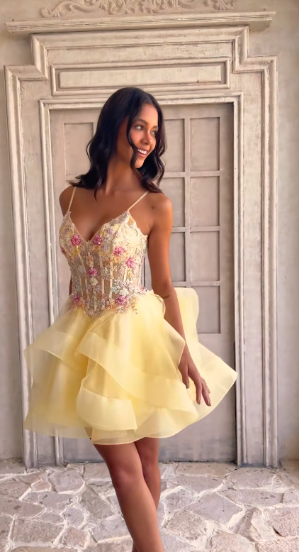 Yellow Tulle Short Homecoming Dress A-Line Birthday Mini Dress DP07473