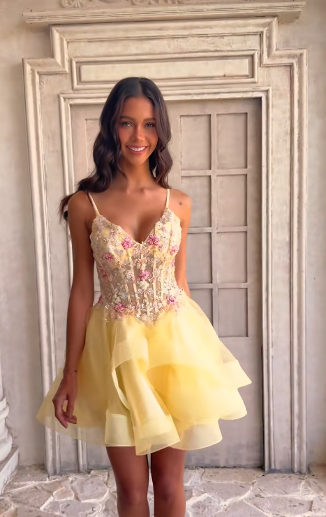 Yellow Tulle Short Homecoming Dress A-Line Birthday Mini Dress DP07473