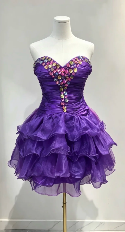 Robe de bal courte violette style patineuse en tulle, robe de fête d'anniversaire mini DP07475