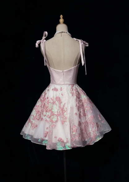Straps Pink Short Homecoming Dress A-Line Satin Birthday Mini Dress DP07476