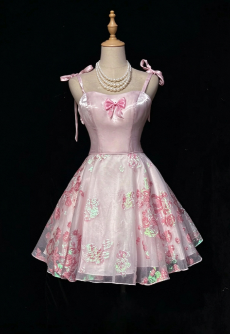 Robe de bal courte rose à bretelles, coupe trapèze en satin, robe de soirée mini DP07476