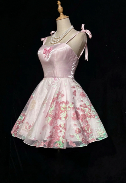 Straps Pink Short Homecoming Dress A-Line Satin Birthday Mini Dress DP07476