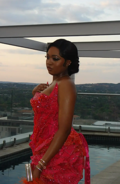 Red Beaded Prom Dress Sheath Strapless Long Evening Dress DP07483