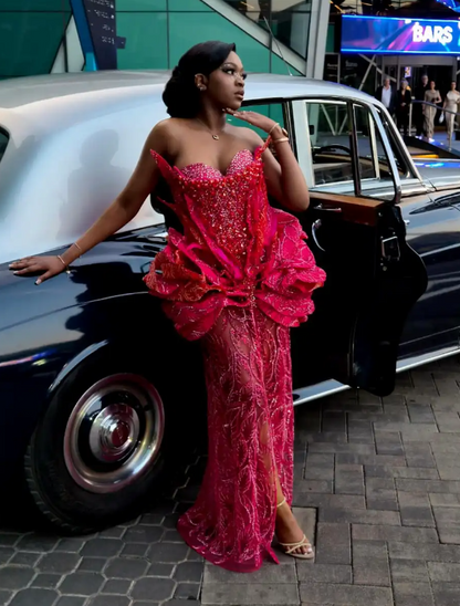 Red Beaded Prom Dress Sheath Strapless Long Evening Dress DP07483