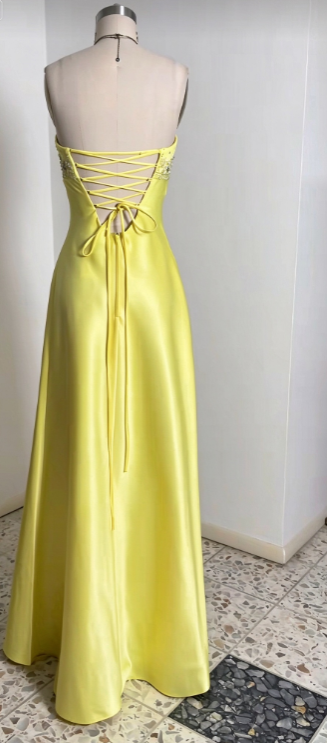 Yellow Satin Prom Dress Sheath Strapless Long Evening Dress DP07484