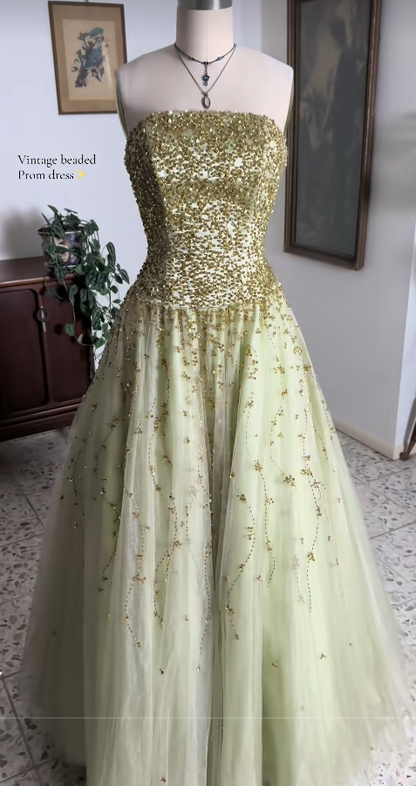 Green Tulle Prom Dress A-Line Strapless Long Evening Dress DP07485