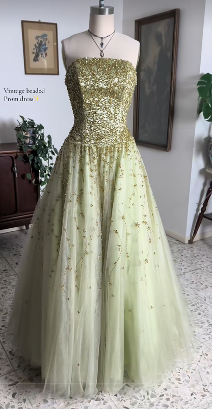Green Tulle Prom Dress A-Line Strapless Long Evening Dress DP07485
