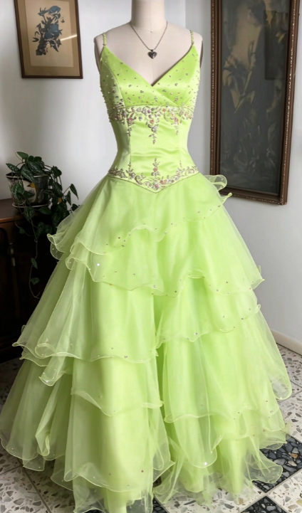 Robe de bal en tulle vert, robe de soirée longue coupe trapèze DP07486