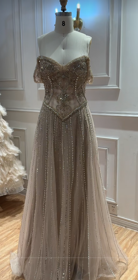 Champagne Tulle Prom Dress A-Line Beaded Long Evening Dress DP07487