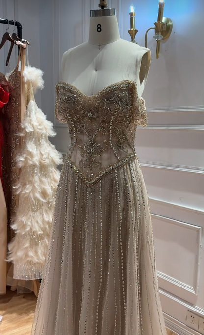 Champagne Tulle Prom Dress A-Line Beaded Long Evening Dress DP07487