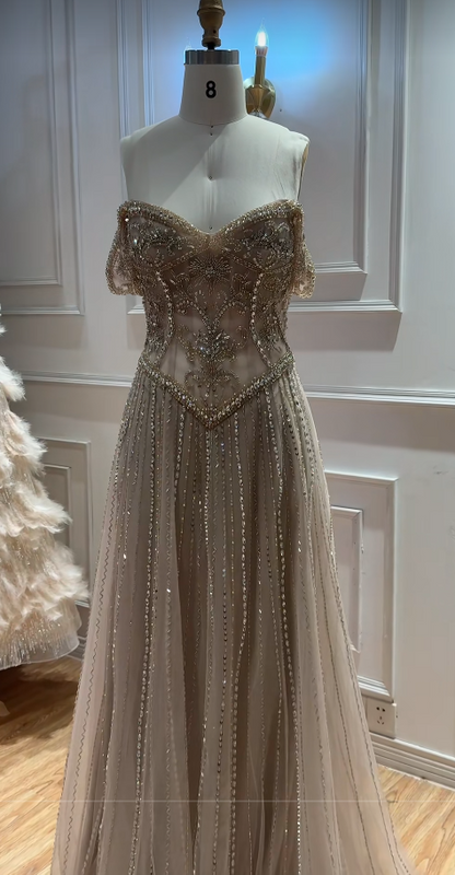 Champagne Tulle Prom Dress A-Line Beaded Long Evening Dress DP07487