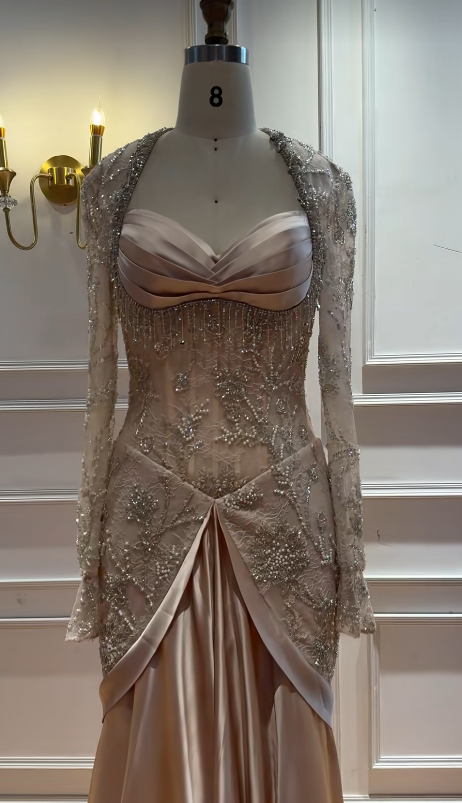 Champagne Satin Prom Dress Mermaid Beaded Long Evening Dress DP07488