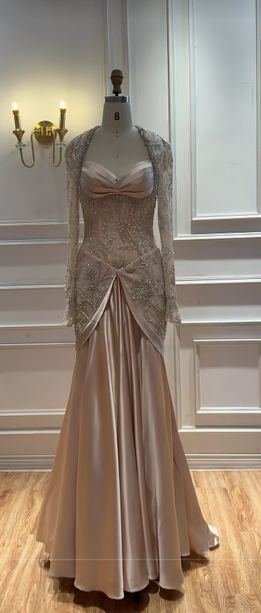Champagne Satin Prom Dress Mermaid Beaded Long Evening Dress DP07488