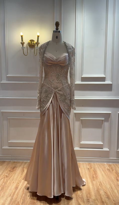 Champagne Satin Prom Dress Mermaid Beaded Long Evening Dress DP07488