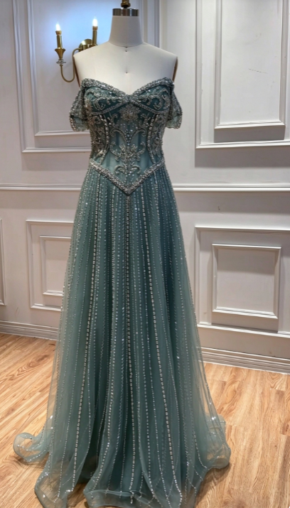 Green Tulle Prom Dress A-Line Beaded Long Evening Dress DP07489