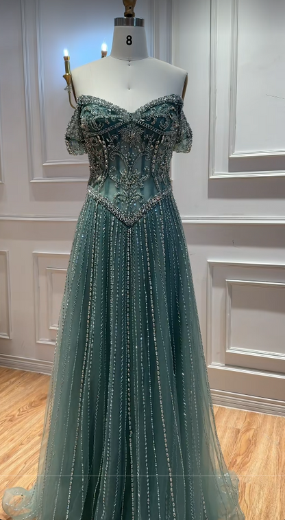 Green Tulle Prom Dress A-Line Beaded Long Evening Dress DP07489
