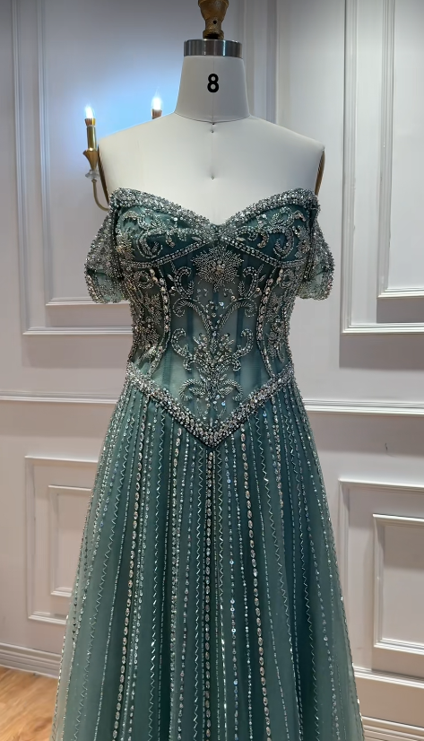 Green Tulle Prom Dress A-Line Beaded Long Evening Dress DP07489