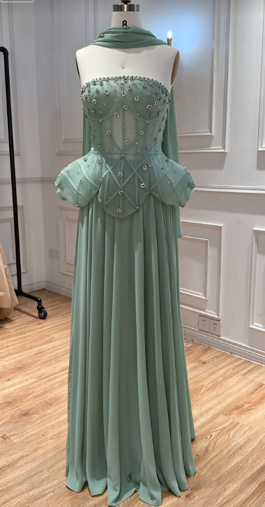 Green Chiffon Prom Dress Sheath Beaded Long Evening Dress DP07490