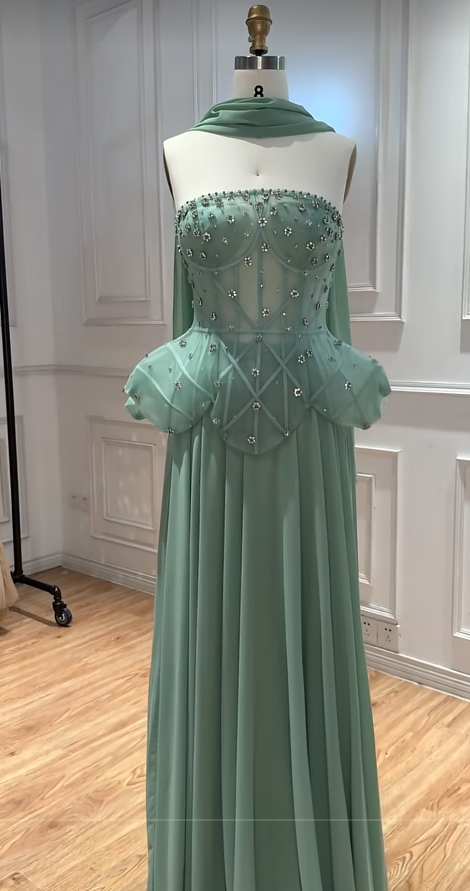 Green Chiffon Prom Dress Sheath Beaded Long Evening Dress DP07490