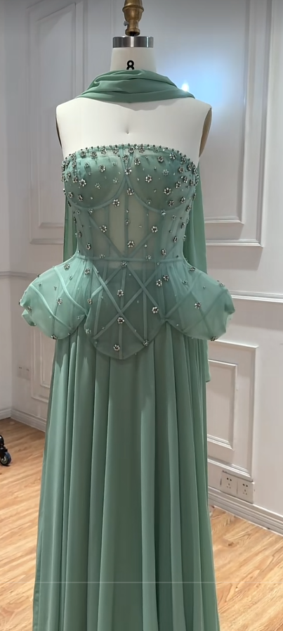 Green Chiffon Prom Dress Sheath Beaded Long Evening Dress DP07490