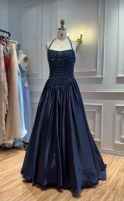Navy Blue Satin Prom Dress A-Line Long Evening Dress DP07491