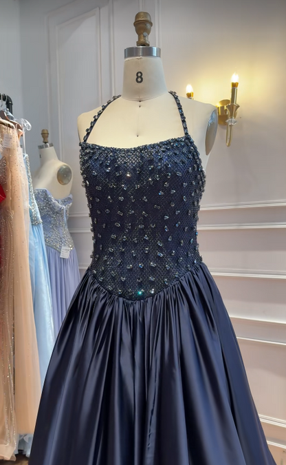 Navy Blue Satin Prom Dress A-Line Long Evening Dress DP07491