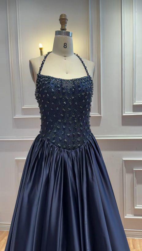 Navy Blue Satin Prom Dress A-Line Long Evening Dress DP07491