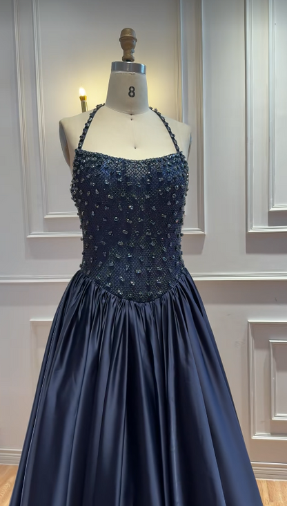 Navy Blue Satin Prom Dress A-Line Long Evening Dress DP07491