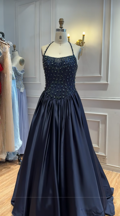 Navy Blue Satin Prom Dress A-Line Long Evening Dress DP07491