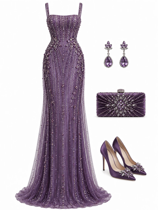 Purple Beaded Prom Dress Sheath Tulle Long Evening Dress DP07493