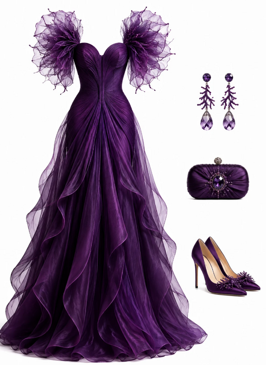 Robe de bal violet foncé trapèze en tulle longue robe de soirée DP07496