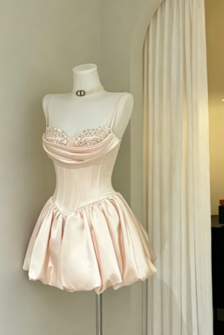 Robe de bal courte rose, coupe trapèze en satin, robe d'anniversaire DP07508