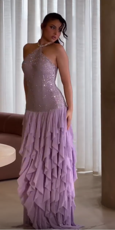 Purple Beaded Prom Dress Sheath Chiffon Long Evening Dress DP07518
