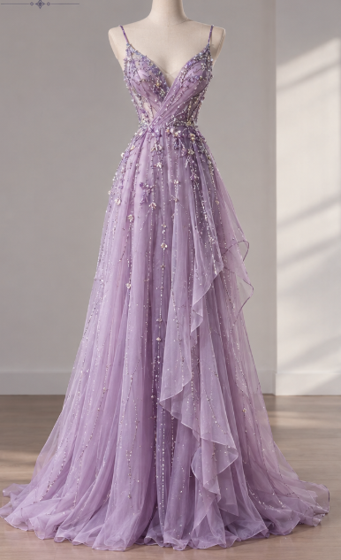 Lilac Prom Dress Sheath Tulle Long Evening Dress DP07519
