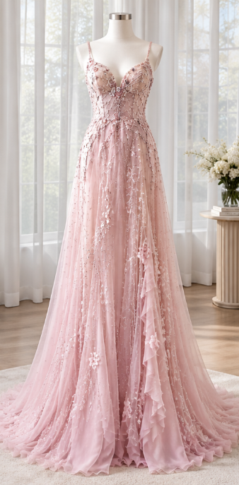 Robe de bal fourreau rose en tulle, robe de soirée longue DP07520