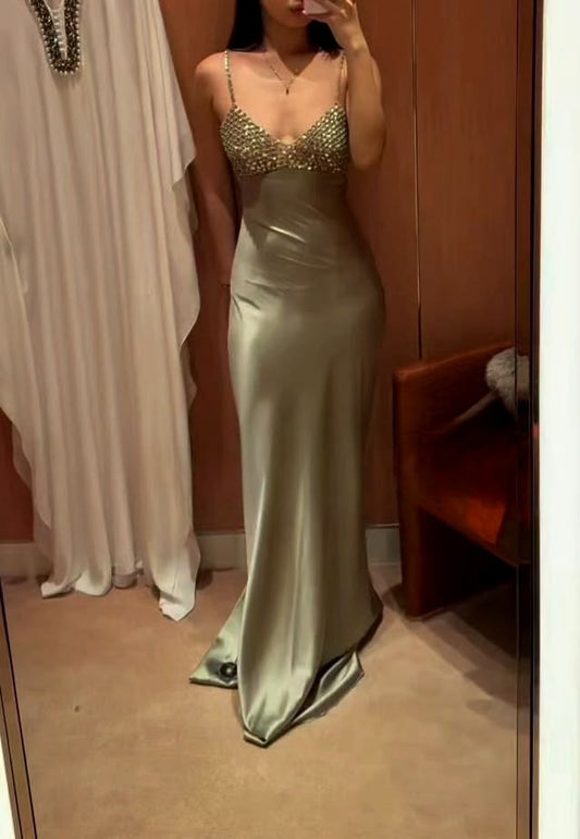 Robe de bal fourreau en satin vert, robe de soirée longue DP07522