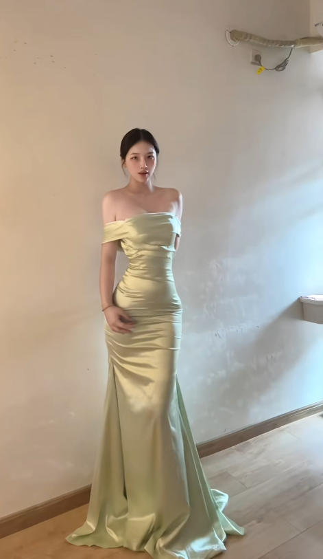 Robe de bal fourreau en satin vert, robe de soirée longue DP07523