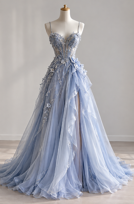 Robe de bal bleue fourreau en tulle longue robe de soirée DP07529