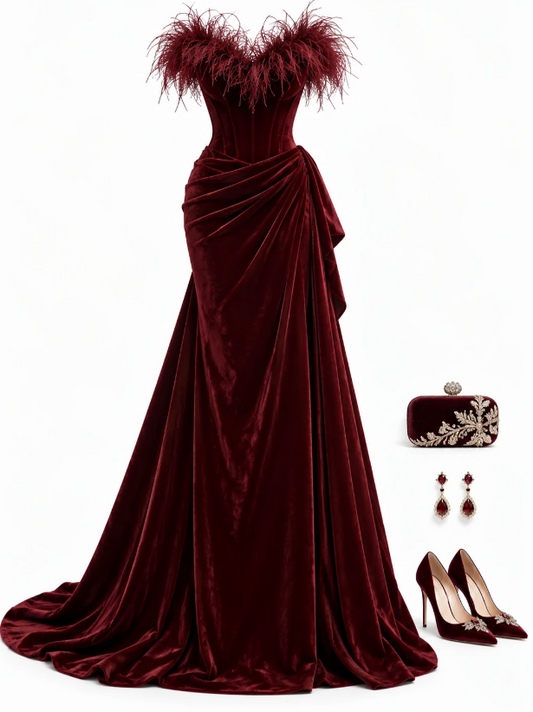 Burgundy Prom Dress A-Line Velvet Long Evening Dress DP07530