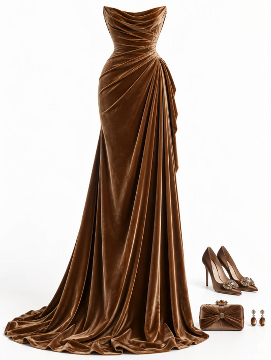 Brown Prom Dress Sheath Velvet Long Evening Dress DP07531