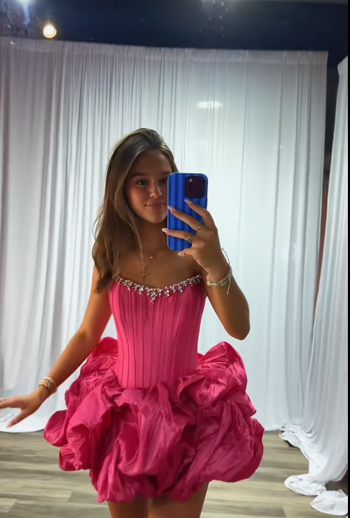 Pretty Hot Pink Short Birthday Dress Sheath Satin Birthday Dress DP07543