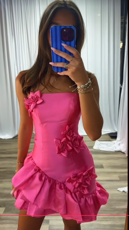 Pretty Hot Pink Short Birthday Dress Sheath Satin Birthday Dress DP07545