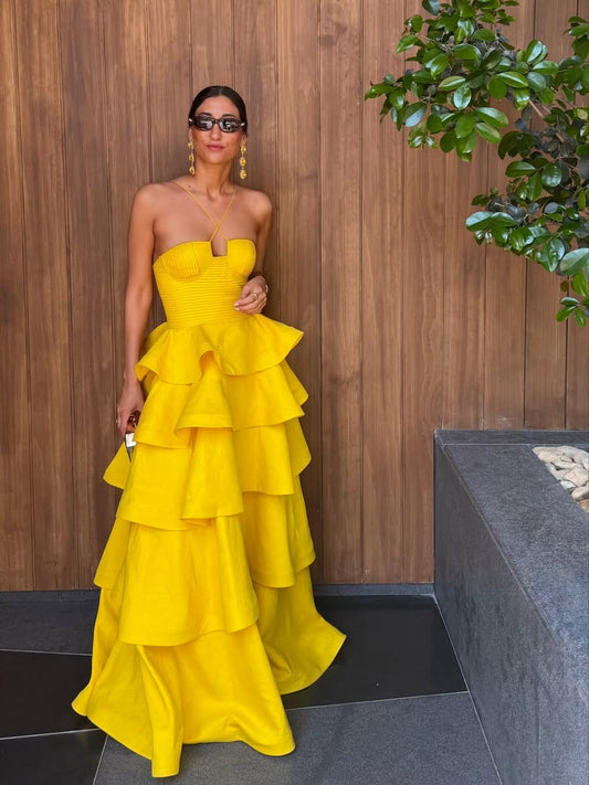 Chic Yellow Prom Dress A-Line Satin Long Prom Dress DP07554